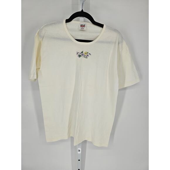 Anvil Womens Cream Floral Pre-Shrunk Cotton Crewneck Short Sleeve T-Shirt Size L - Picture 1 of 4